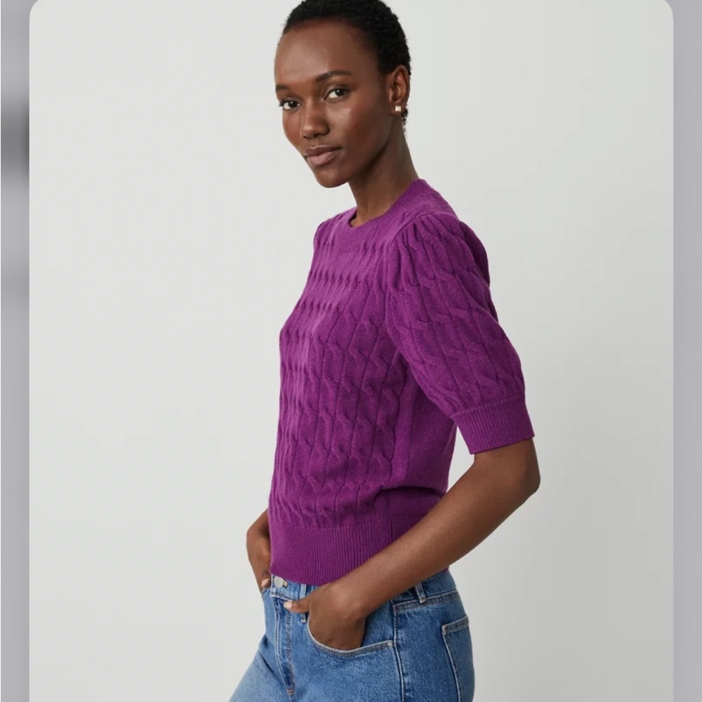 Ann Taylor Vibrant Purple Puff Sleeve Cable Knit Sweater
